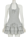Frill Mini Dress For Women Plunge Halter Neck Cake Dress Fashion Summer Slim Casual Club Party Dress Hit Girl Summer New