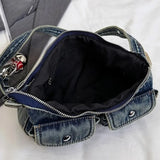 Pbong  Stylish Washed Denim Messenger Bag, Y2K Style Underarm Purse with Balloon Dog Charm Commuter Handbag Shoulder Bag for Women