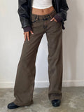 Women Jeans Low Waist Solid Color Wide Leg Straight Trousers with Pockets for Daily Streetwear Fashion Denim Pants