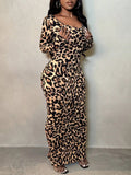 Pbong  Leopard Print Long Sleeve Bodycon Maxi Dress for Evening Party