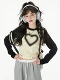 Heart Print T-shirts Women Slim Tees Y2k Female Vintage Long Sleeve Top Ladies Fashion Casual Patchwork Top Japanese Streetwear