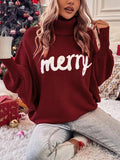 Pbong  Christmas Fashion Autumn Winter Knit Sweaters Turtleneck Sweater Women Elegant Merry Letter Print Long Sleeve Pullovers Female