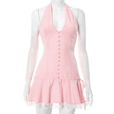 Halter Backless Sexy Mini Dress Women Robe Summer New Lace Patchwork Sleeveless V Neck High Waist Ruffled Dress