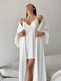 White Slip Dress +belted Cardigan Jacket Two Piece Set Sexy Feather Satin Pajamas Spring Summer Sleepwear Women Clothing 2025