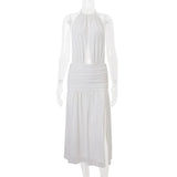 Hollow Out Backless Sexy Maxi Dress Women Gown Summer Off-shoulder Sleeveless Thigh High Split Pleated Long Dress