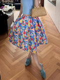 Pbong  Retro Floral Midi Skirt Women Elegant High Waist Vintage Ball Gown Skirts Summer Sweet Korean Female Prairie Chic Skirt