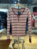 Red Striped Six Buttons Long Sleeve T-shirts Women Spring O-neck Cotton Slim Tee Shirt New Preppy Sytle Sweet Tshirt Y2k Tops