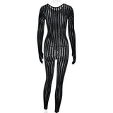 Pbong  American Sexy Perspective Jumpsuit Women Fashionable Hollow Knitted Striped Long Sleeved Jumpsuit Bar Nightclub One Piece Pants
