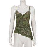 Pbong  Women's Vintage Style Floral Print V-Neck Camisole Summer Asymmetry Design Mesh Patchwork Double Layers Mini Sleeveless Tops New