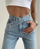 Pbong  Y2K Street Washed Asymmetric Belt Decoration Slant Pocket Wide-Leg Cotton Comfortable Versatile Work Jeans Cargo Trousers