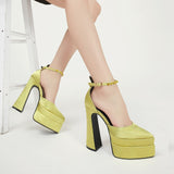Brand Double Platform Block Heel Pointy Toe Ladies Shoes Mary Janes Wedding Party Satin Rhinestone High Heeled Shoes Cool Sandal