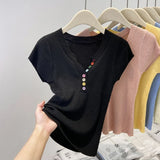 Summer V-Neck Short Sleeve Thin Tshirts Women Pastel Colored Button Knitted T-Shirts Teen-girl Stretch Fitted Tees Y2K Clothing
