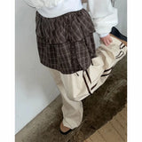 Pbong  Vintage Mini Skirt for Women High Waist Bandage Saia Fashion Sweet Jupe Vintage Plaid Ruffled Skirts