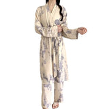 Pbong  Fashion Print Pajamas Set New Spring Autumn Women Sleepwear Lounge Wear 2PCS Robe+Trouser Pijamas Suit Loose Casual Homewear