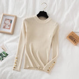 Gold Button Pullovers Sweater Women Long Mock Neck Fitted Knit Top Soft Jumper Streetwear Sweater Fall Winter Layered Outfit