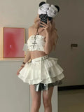 Pbong  Summer New Patchwork 2-piece Set Women Design Y2k Sexy Slim Off Shoulder Tops + Vintage High-waist Lace Irregular Skirt Set