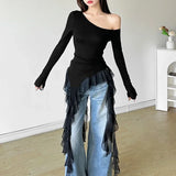 Pbong  Irregular Spliced Gauze Skew Collar Off Shoulder Women Clothing Y2k Aesthetic Camisetasspring New Ropas Clothes