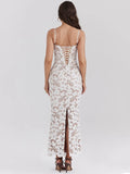 Floral Embroidery Sexy Maxi Dress For Women Fashion Spaghetti Strap Sleeveless Backless Lace-up Club Party Long Dress