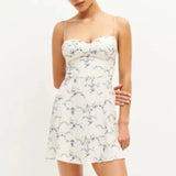 Fashion Blue Floral Print Short Dress Elastic Chest Zipper Party Beach Slip Dress 2025 New Square Collar Sweet Chic Vestidos