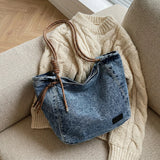 Pbong  Women's Vintage Washed Denim Tote Bag Braided Drawstring Casual Commuter Shoulder Bag Daily Large Capacity Handbag