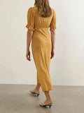 Pbong  Casual Yellow V Neck Lace Trim Dot Print Dresses for Women Short Sleeve Slimming Ruffle for French Vacation Style