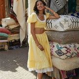 French Lace Patchwork Square Collar Top And Long Skirt Women Set Yellow Plaid Puff Sleeve T-shirt + Skirts Sweet Summer Outfits