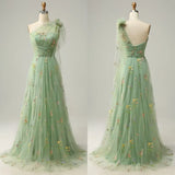Pbong  High Quality One Shoulder Green Tulle Pleat Appliques Flowers Sleeveless Elegant Dress Women for Wedding Party