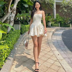 Jacquard White Summer Mini Dresses Women French Style Vintage Sexy A Line Corset Dress N33-