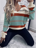 Fashionable women's V-neck striped contrasting pullover long sleeved knitted sweater