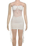 Lace Splice Strapless Dress For Women Hollow Sexy Bodycon Club Party Mini Dress See Through Sleeveless Dress Lady Elegant