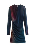 Women Fashion Gradient Color Print Mesh Yarn Slim Mini Dress Female Chic Long Sleeve Pleats Design Party