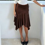 Pbong  Vintage Lace Up Knitted Irregular Hemline Brown Skirts Women Daily Casual All Match Low Waist Knee-length Bottom Wear Summer New