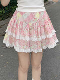Pbong  Retro Floral Cute Skirts Women High Waist Sweet Japan Mini Skirt Casual Lace Patchwork Vintage Female Elegant Kawaii Skirt