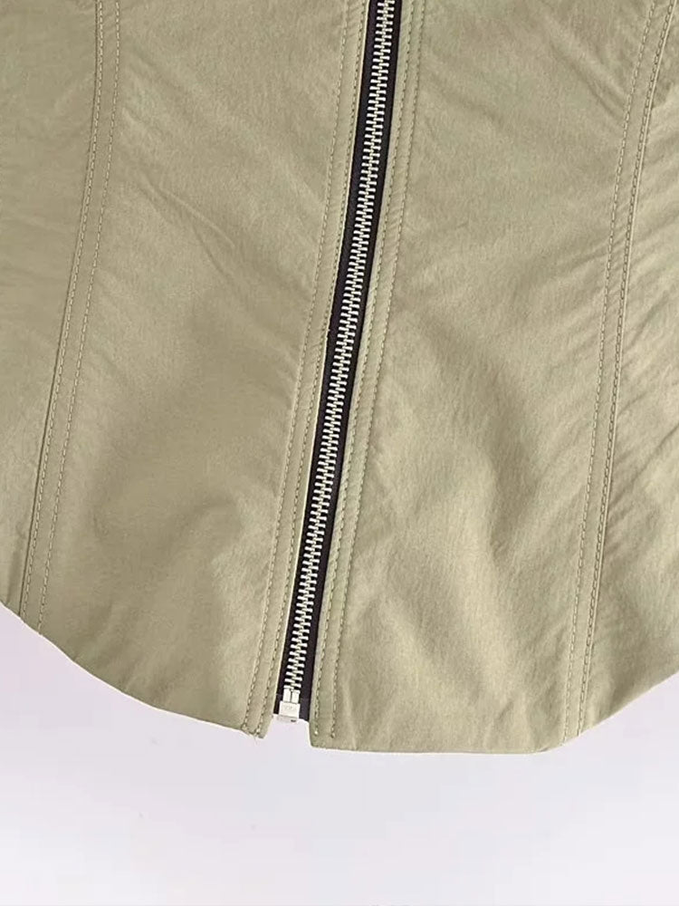 Woman 2 Piece Set Shirt Suit Zip Tight Bra Top+Thread Catching Decorative Zipper Pants Causal Outfits