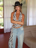 Sexy Zebra Print Tank Tops Backless Swing Collar Lace-Up Halter Side Tassel Sleeveless Elegant Party Summer Y2K Vest
