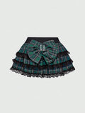 Pbong  J-Fashion Y2K Gyaru Himekaji Harajuku Lolita Oversized Bowknot Low Waist Lace Frilled Plaid Mini Skirt For Women