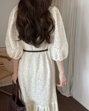 Hook Embroidery Puff Sleeve Spring Long Dress Korea Chic Lace V-neck Button 2025 New Dress A-line Hollow Beige Female Clothing