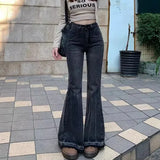 Woman High Waist Vintage Casual Flare Jeans Girls Elastic Slim Fit Bell Bottom Pants Lady Fashion Blue Black Grey Denim Trousers