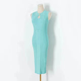 Pbong  Skinny Knit Dresses Summer Women's Dress New Korean women's O-neck Solid sleeveless Hollow Out Sexy Midi wrapped knit dress