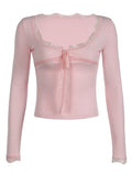 Pink Sweet Basic Slim Long Sleeve Tees Top T Shirts Women Cross Tie Lace Patchwork Cute Japanese Kawaii Y2K Clothes