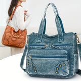 Pbong  Vintage Large Capacity Tote Bag with Multiple Zipper Pockets Rivet Detail Detachable Crossbody Bag Strap Casual Shoulder Purse