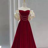 Pbong  Women Off The Shoulder Prom Dress Princess Velvet  Korea Fashion Sweetheart Neck A Line Formal Graduation Evening Party Gown