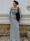 Shoulder Knit Long Dress Women High Waist Slim Elegant Fashion Pleated Maxi Dress Long Sleeve Backless Knitwear Dress