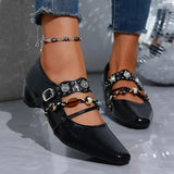 Pbong  British Vintage Beaded Mary Janes Shoes for Woman Spring Square Toe Metal Ankle Strap Pumps Woman Comfortable Heels Loafers