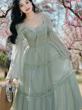 Women New Fairy Midi Dress Elegant Square Collar Lace Ruffle Sweet Dress Autumn Long Sleeve Prom Party Evening Vestidos New