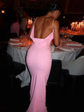 Spaghetti Strap Backless Sexy Maxi Dress Women Gown Summer New Fashion Solid High Waist Evening Beach Club Long Dress