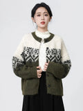 Women O Neck Retro Print Cardigan Sweaters Casual Lazy Wind Long Sleeve Knitted Short Coat Fall Winter Vintage Harajuku Lady Top
