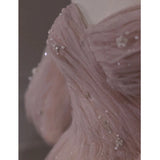 Pbong  Pink Evening Gown Women's New  Ele Fairylike Host Daily Wear ort Sve Korean Sle Pure Color Pearl Embellied