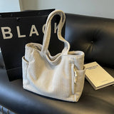 Pbong  Fashionable Striped Velvet Handbag Simple Style Corduroy Shoulder Bag Solid Color Large Capacity Commuting Women's Tote Bag