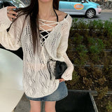 Knitted Hollow Out Shirt Women White Loose Lace Up Long Sleeve T Shirt Korean Fashion Chic Y2K Preppy Style Thin Tops New